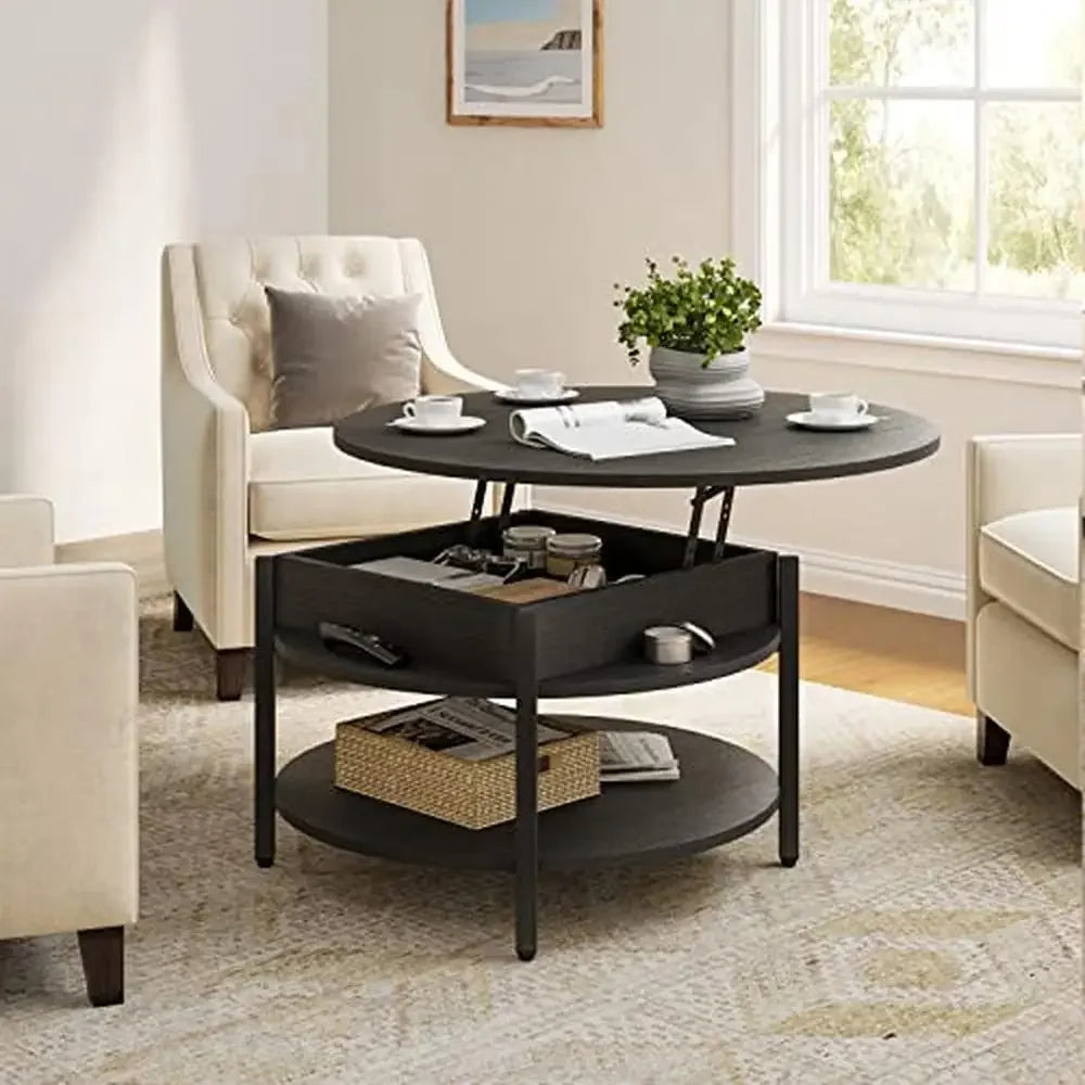Round Farmhouse Coffee Table with Hidden Storage