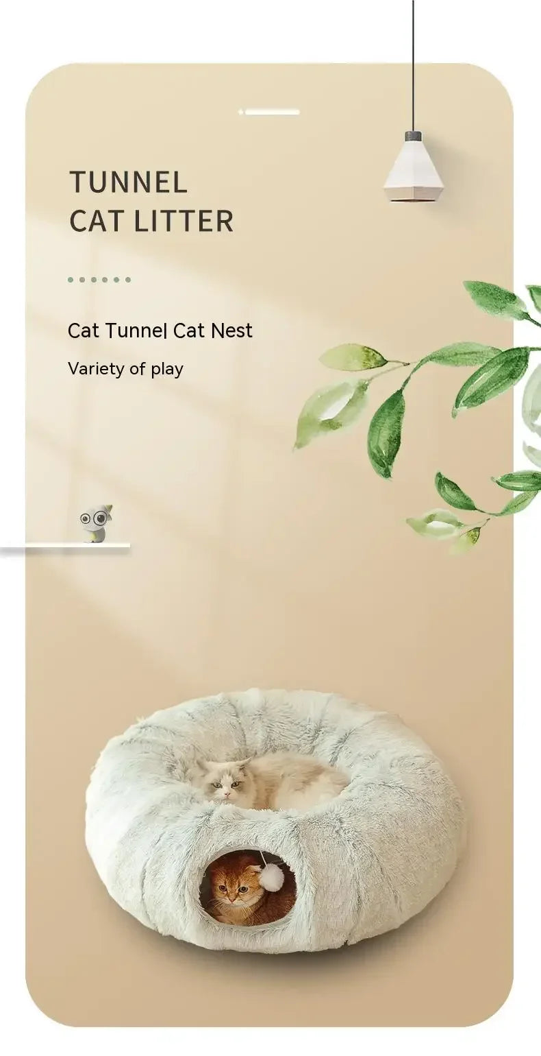 PurrNest: Plush Cat Tunnel & Donut Bed Combo